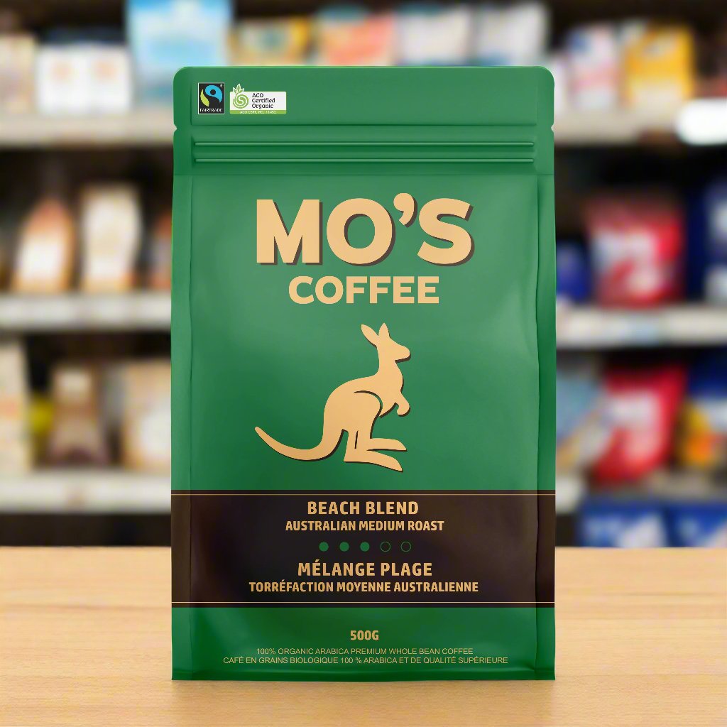 MO'S Coffee sitting in a grocery store